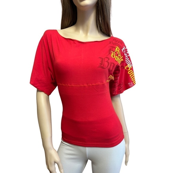 Apple Bottoms by Nelly Top Graphic Print Branded Tee Y2K Ribbed Bodice Made USA - Picture 3 of 13